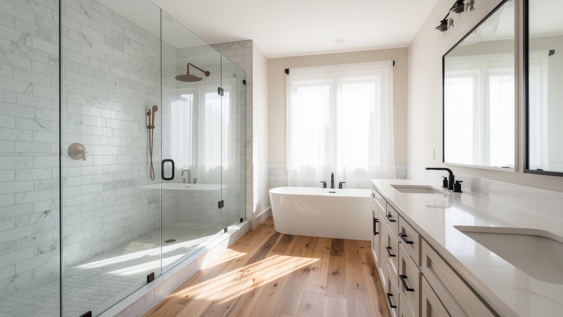 Bright, sun-lit modern master bathroom with marble tile shower, freestanding tub, and double vanity in a Metro Detroit home
