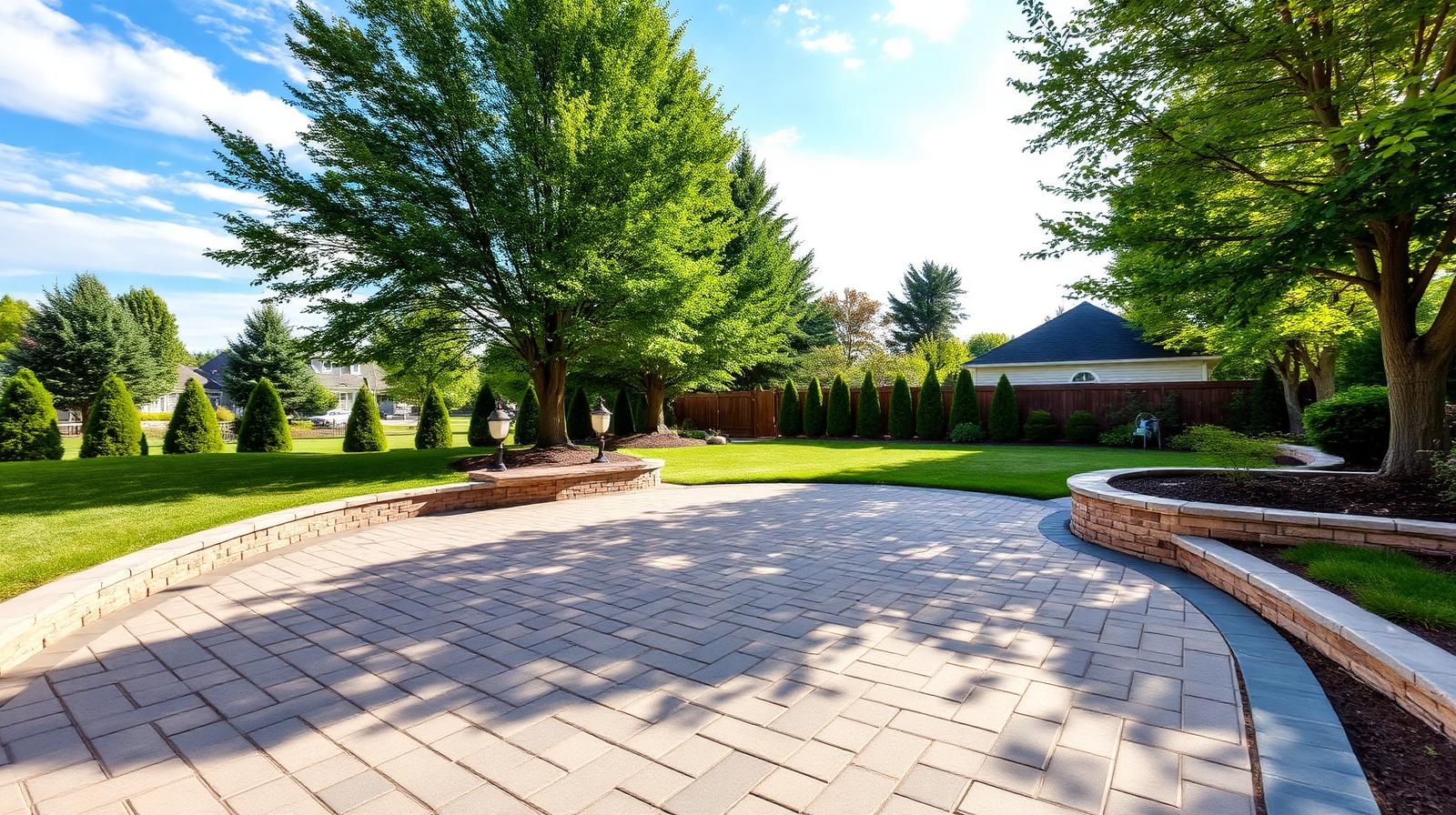 Custom paver patio with herringbone pattern in a Metro Detroit backyard at dusk