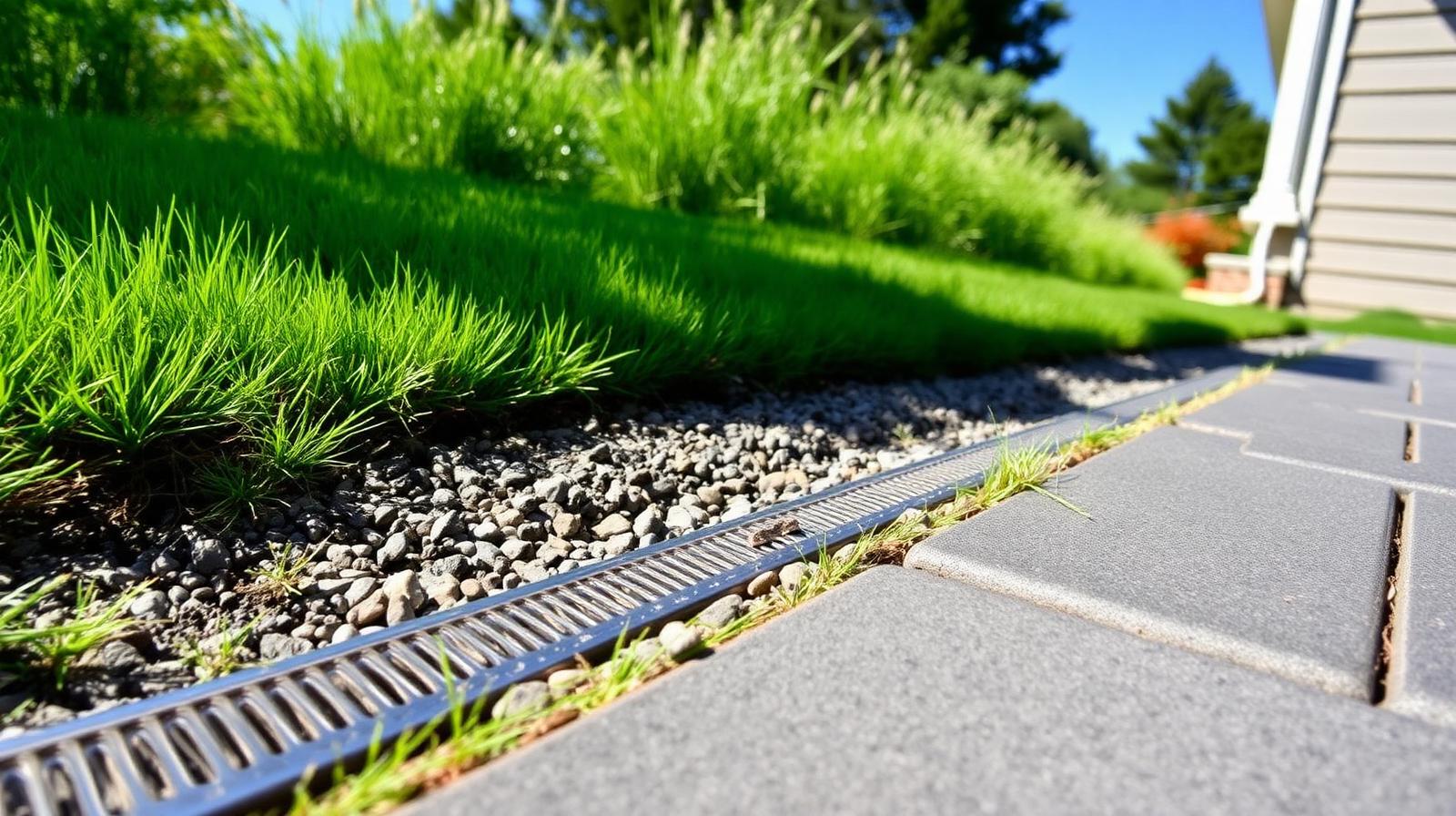 Stainless channel drain set flush along a charcoal paver patio with a gravel-filled French drain trench at a Metro Detroit home