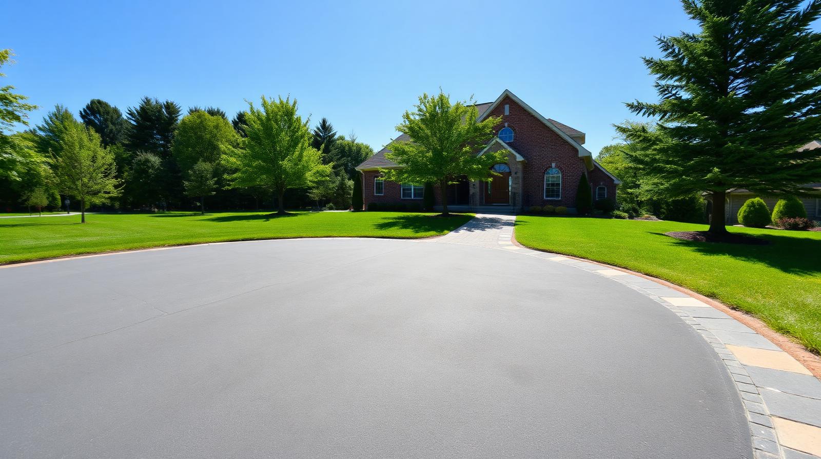 Wide concrete paver driveway extension at a Metro Detroit home at dusk with clean edge transition