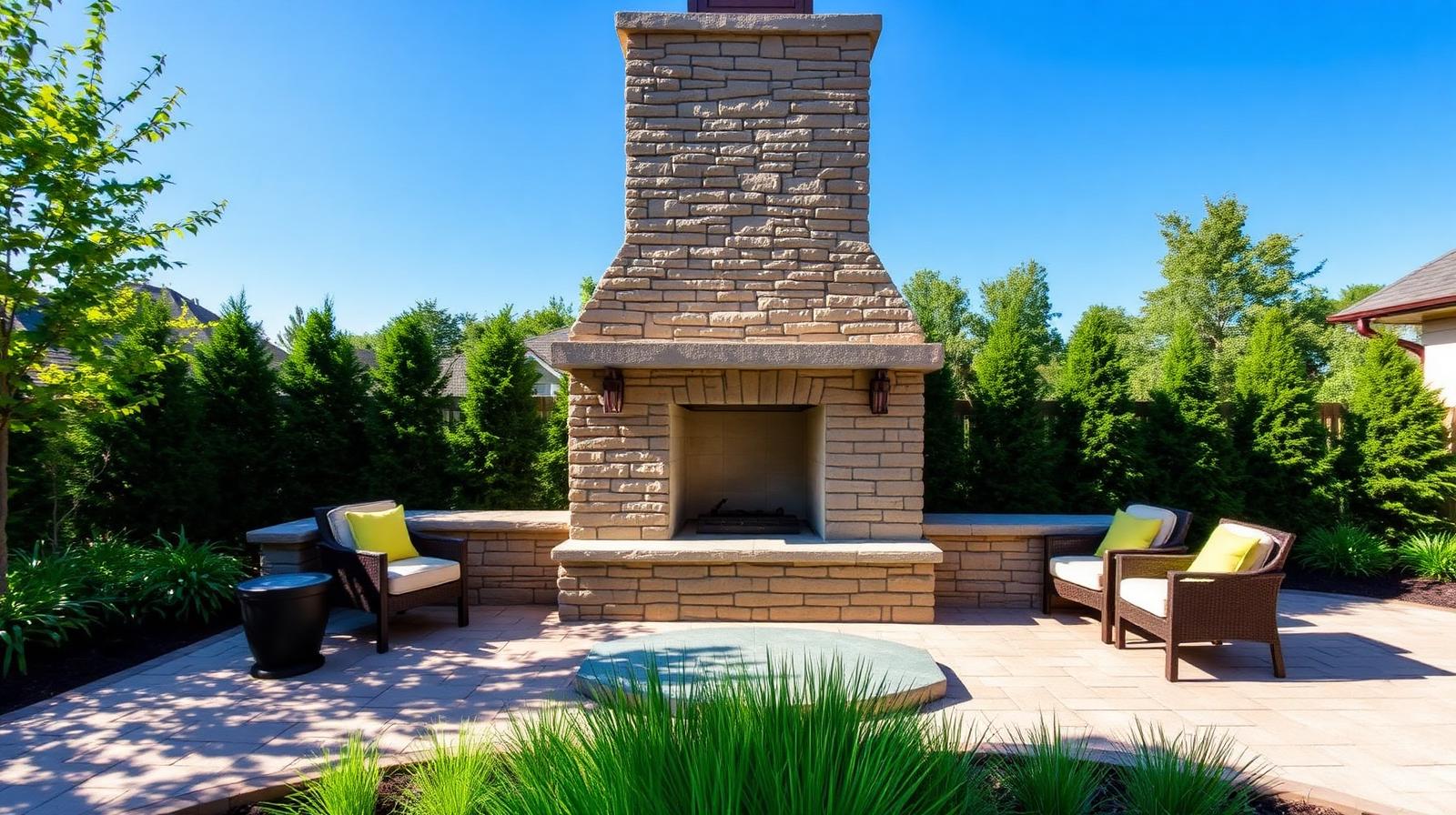 Custom stacked stone outdoor fireplace as the centerpiece of a Metro Detroit paver patio at dusk
