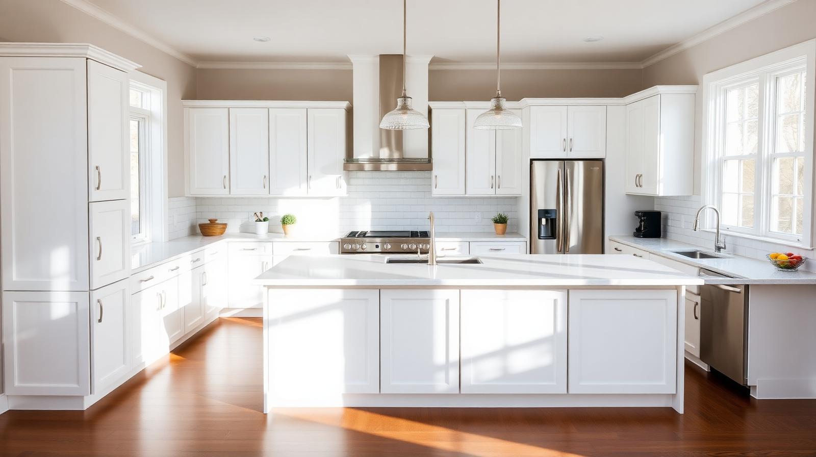 Bright, sun-lit modern kitchen remodel with white shaker cabinets and quartz island in a Metro Detroit home
