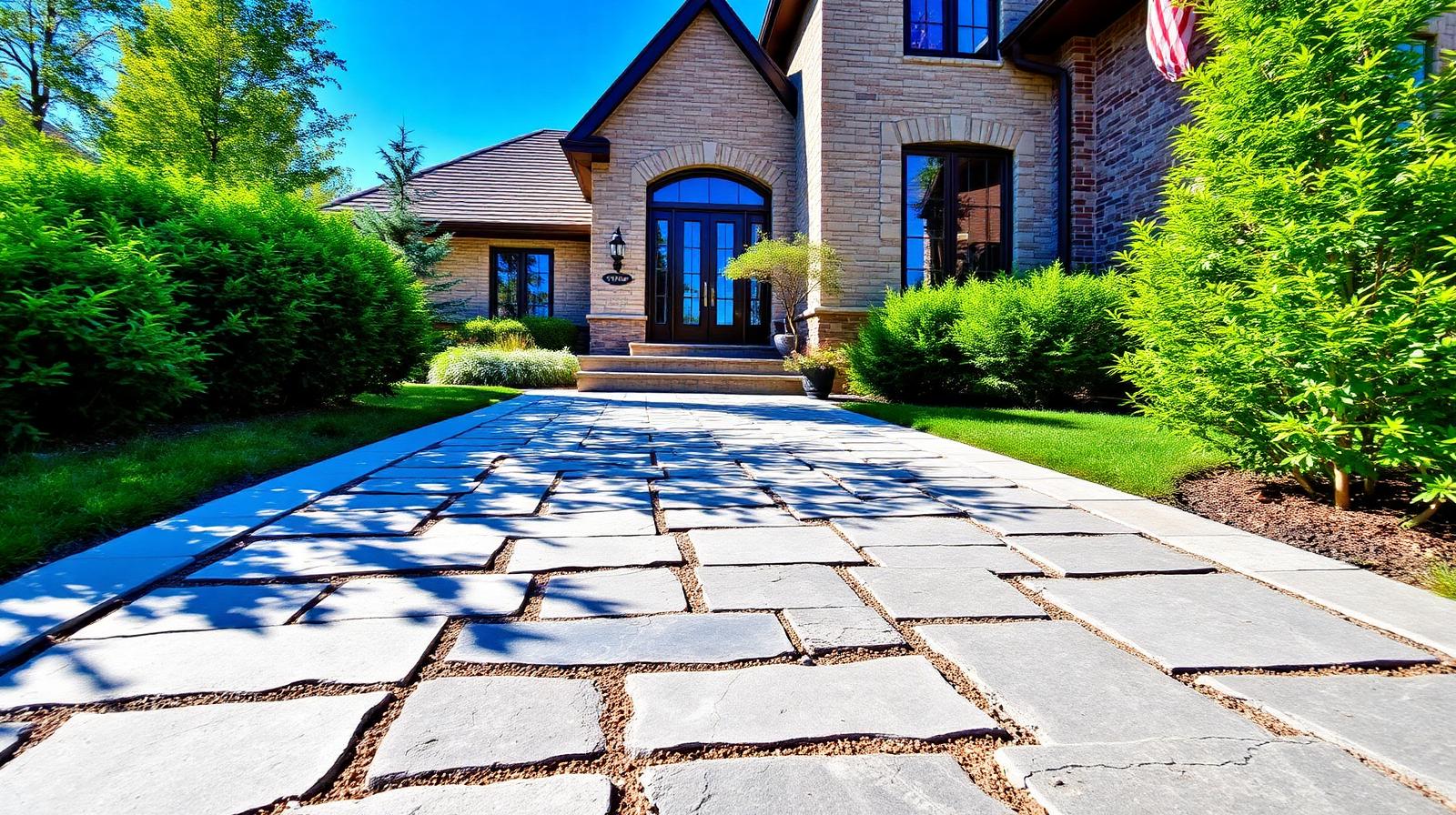 Natural bluestone walkway leading to a Metro Detroit home's front entry at dusk