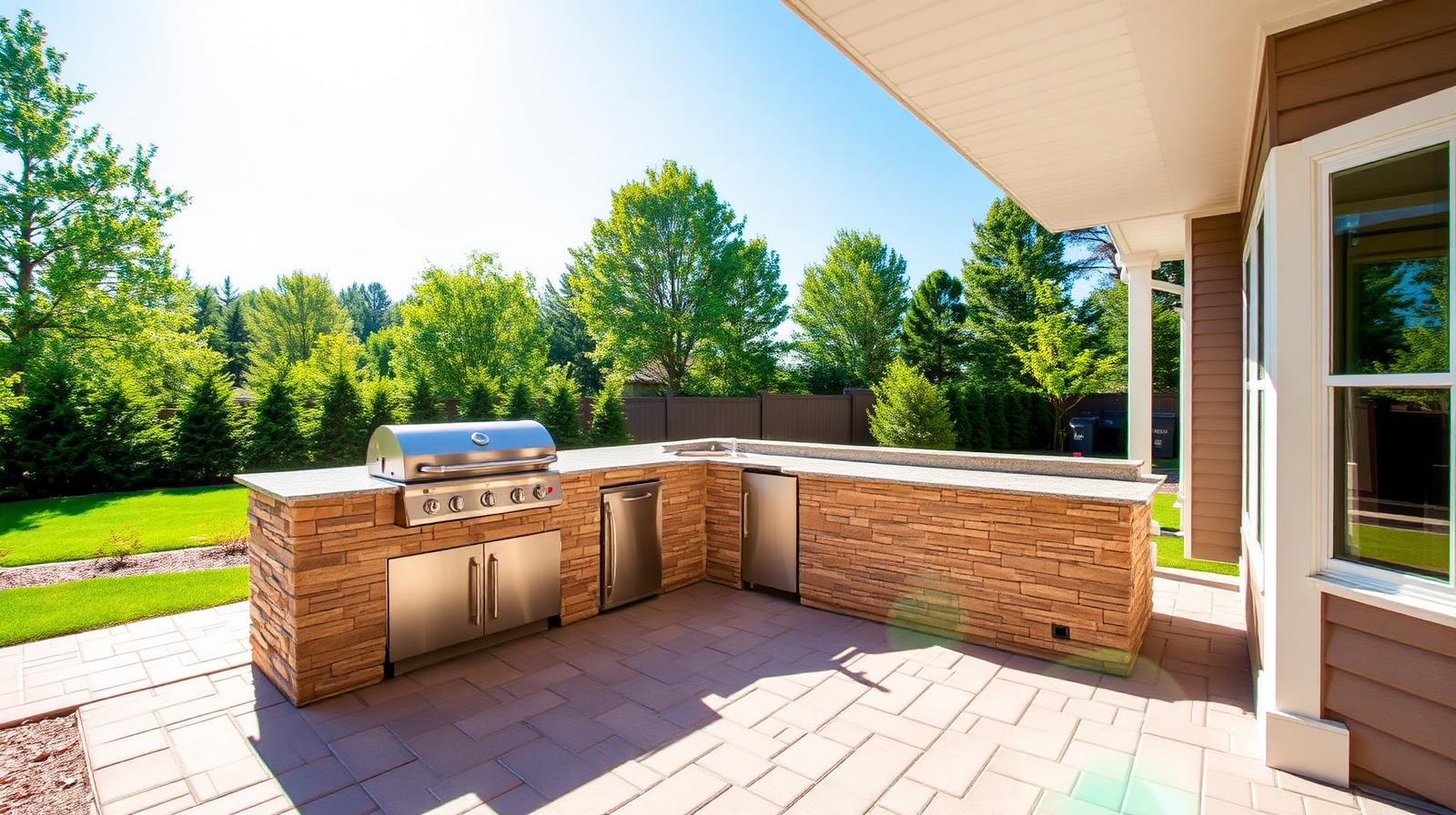 Custom L-shaped outdoor kitchen with built-in grill and granite counters on a Metro Detroit paver patio at dusk
