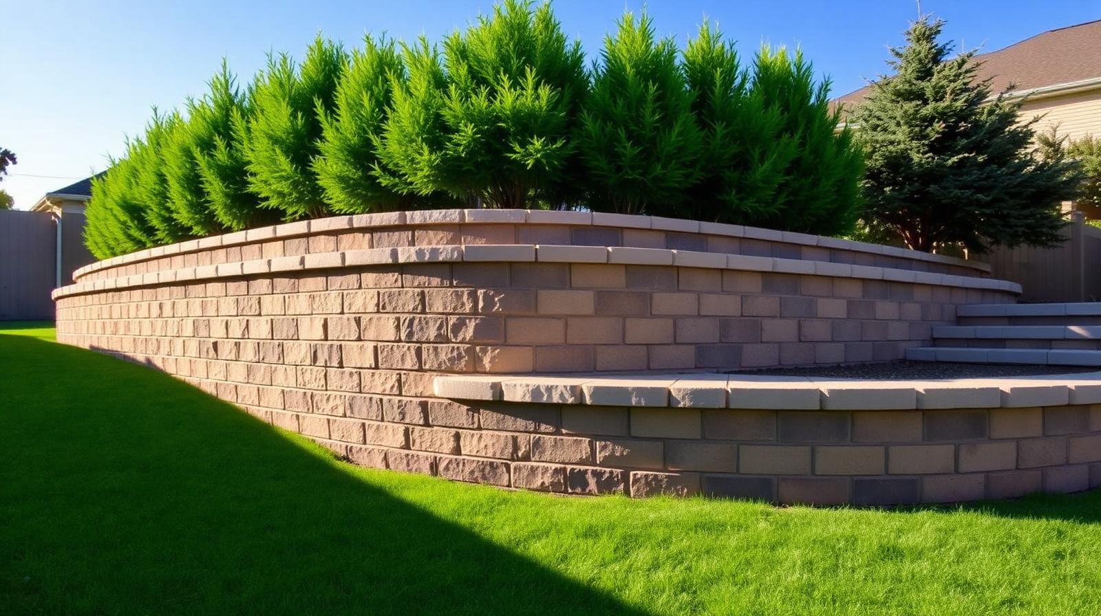 Tiered segmental block retaining wall with cap stones in a Metro Detroit backyard at dusk