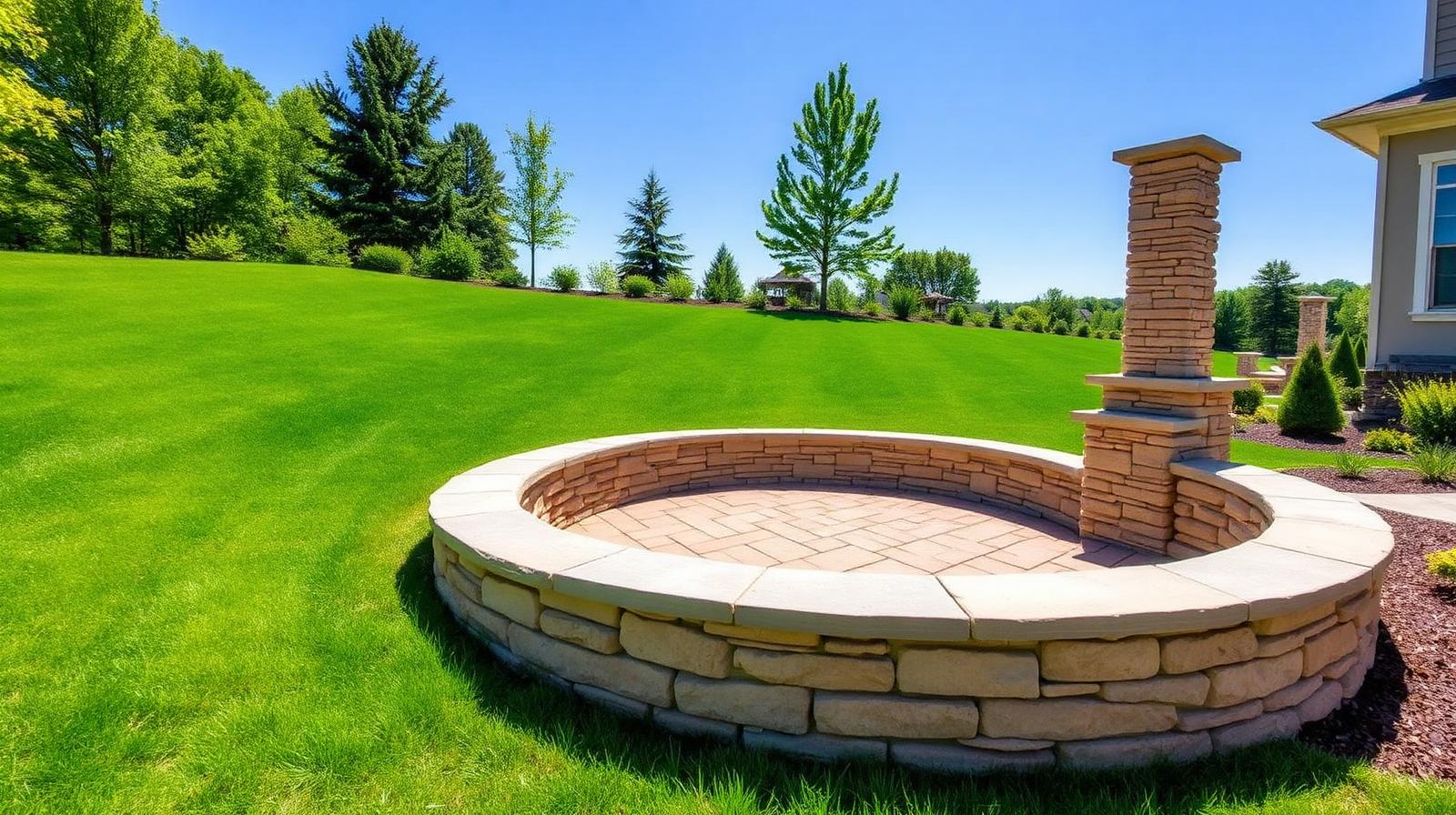 Curved stone seat wall with bluestone cap surrounding a fire pit, flanked by lit stone pillars at a Metro Detroit home