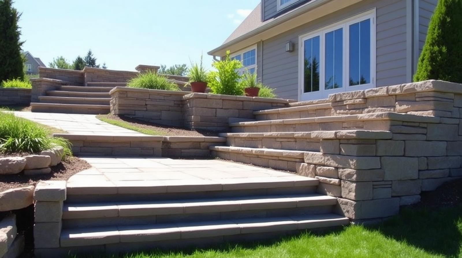 Wide bluestone steps with stacked-stone risers leading from a paver patio to a lower yard at a Metro Detroit home at dusk
